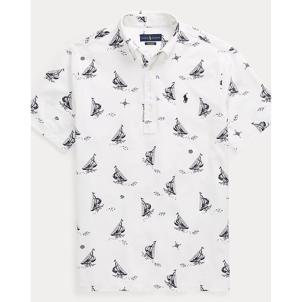 Polo Ralph Lauren Mens Knit Oxford Sailboat Print Polo Shirt White Navy Size M
